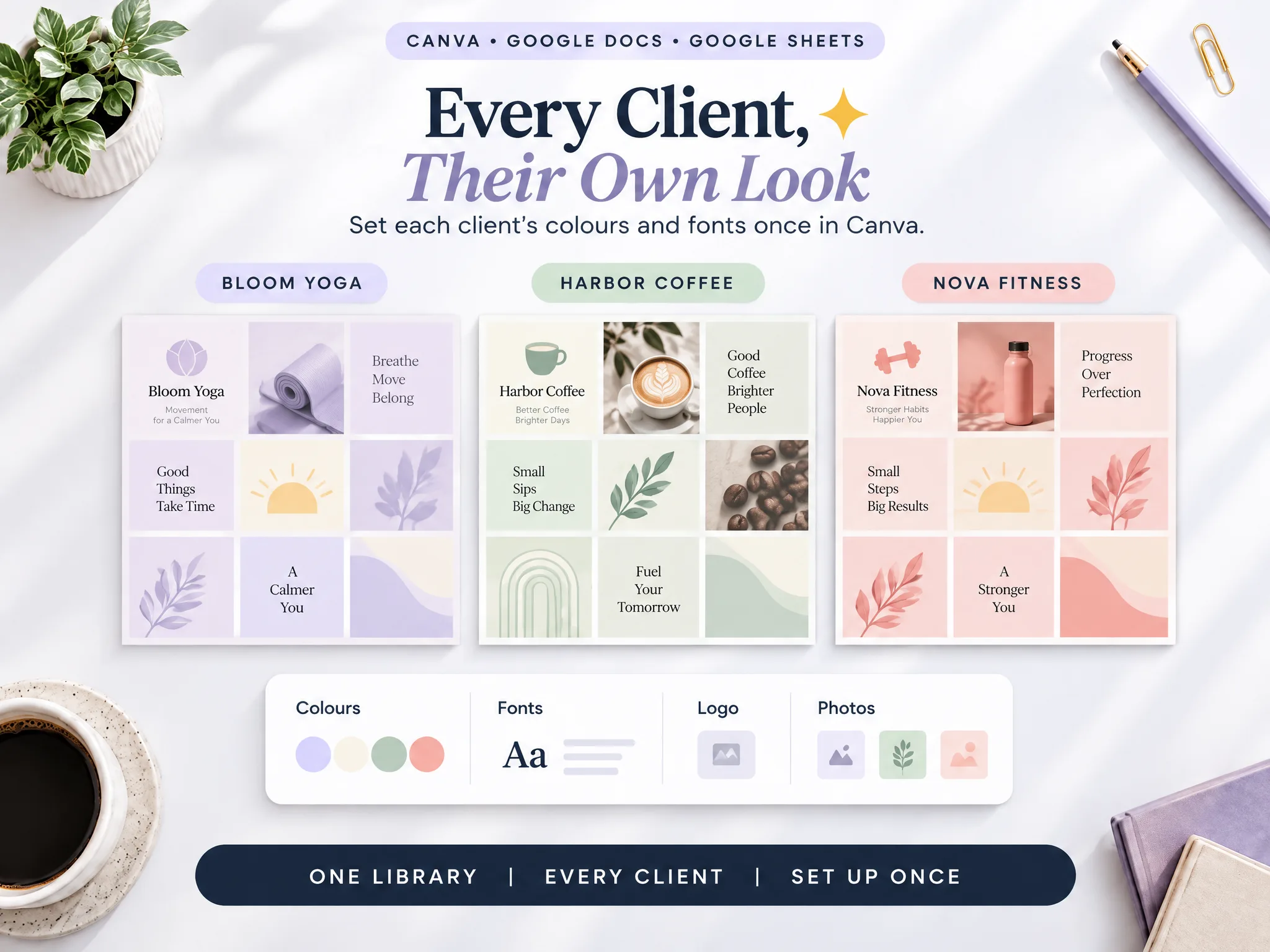 One template in three client looks