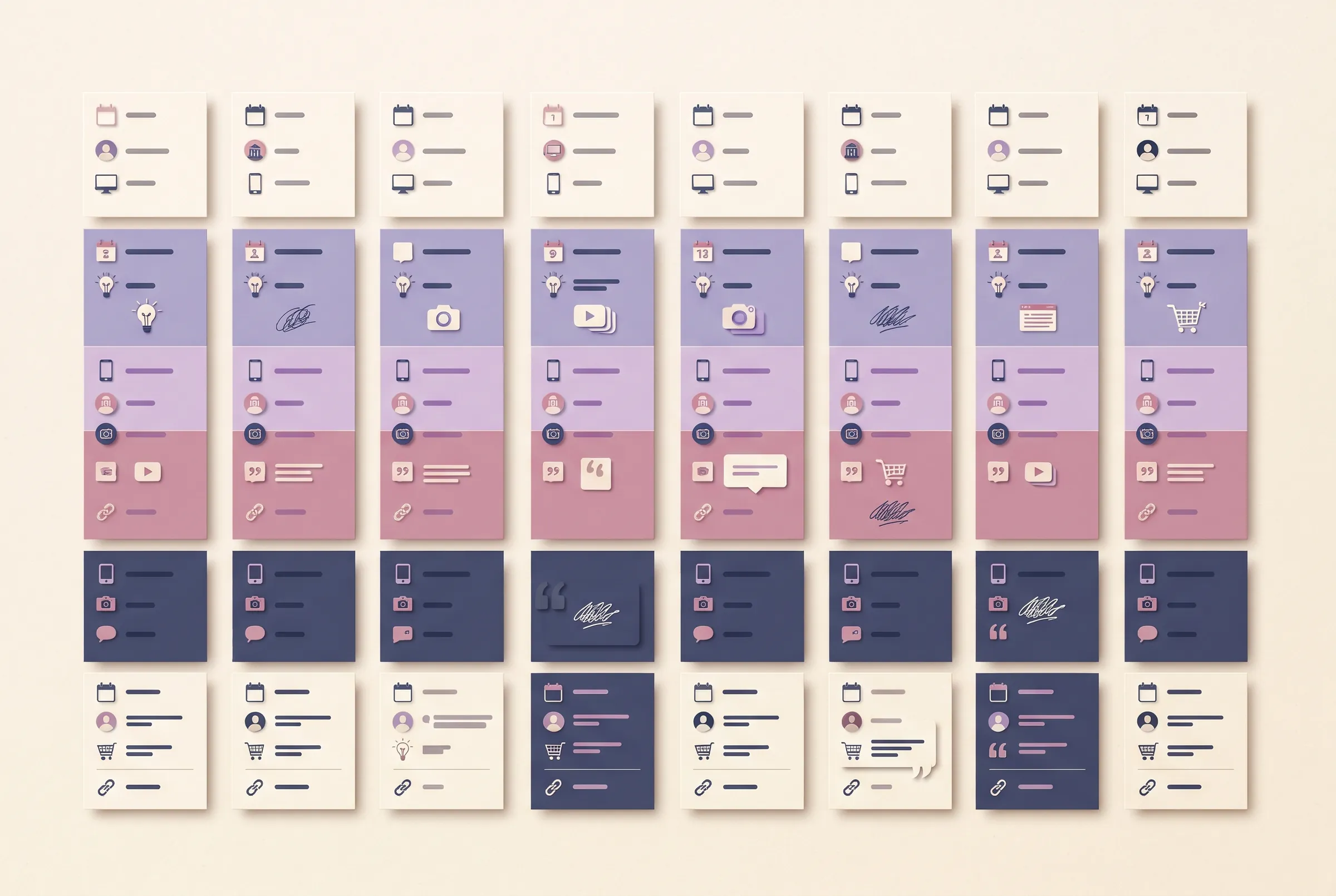 Eight-column social media calendar grid with color-coded post cards
