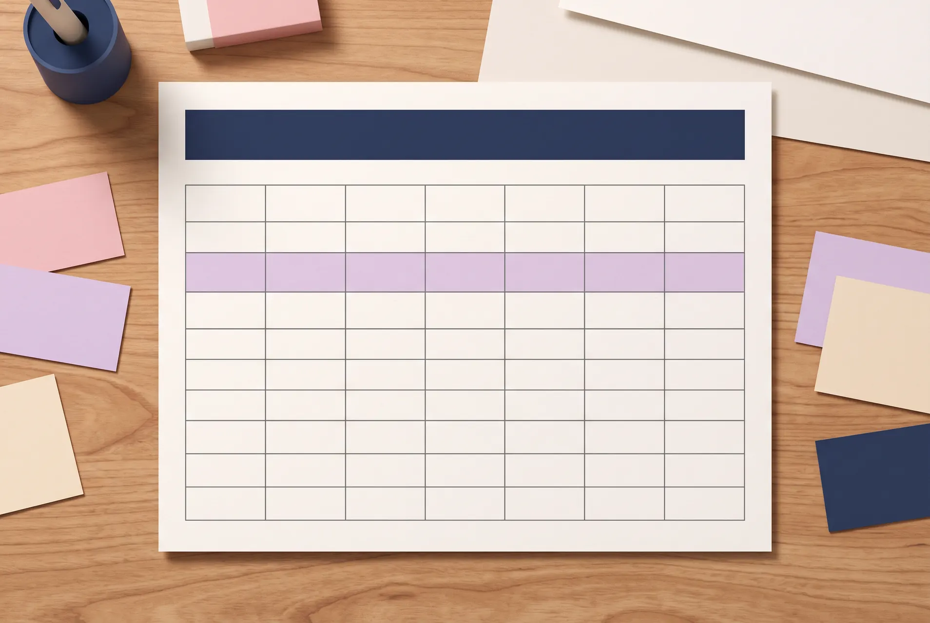 Paper content calendar grid with a frozen header and highlighted row