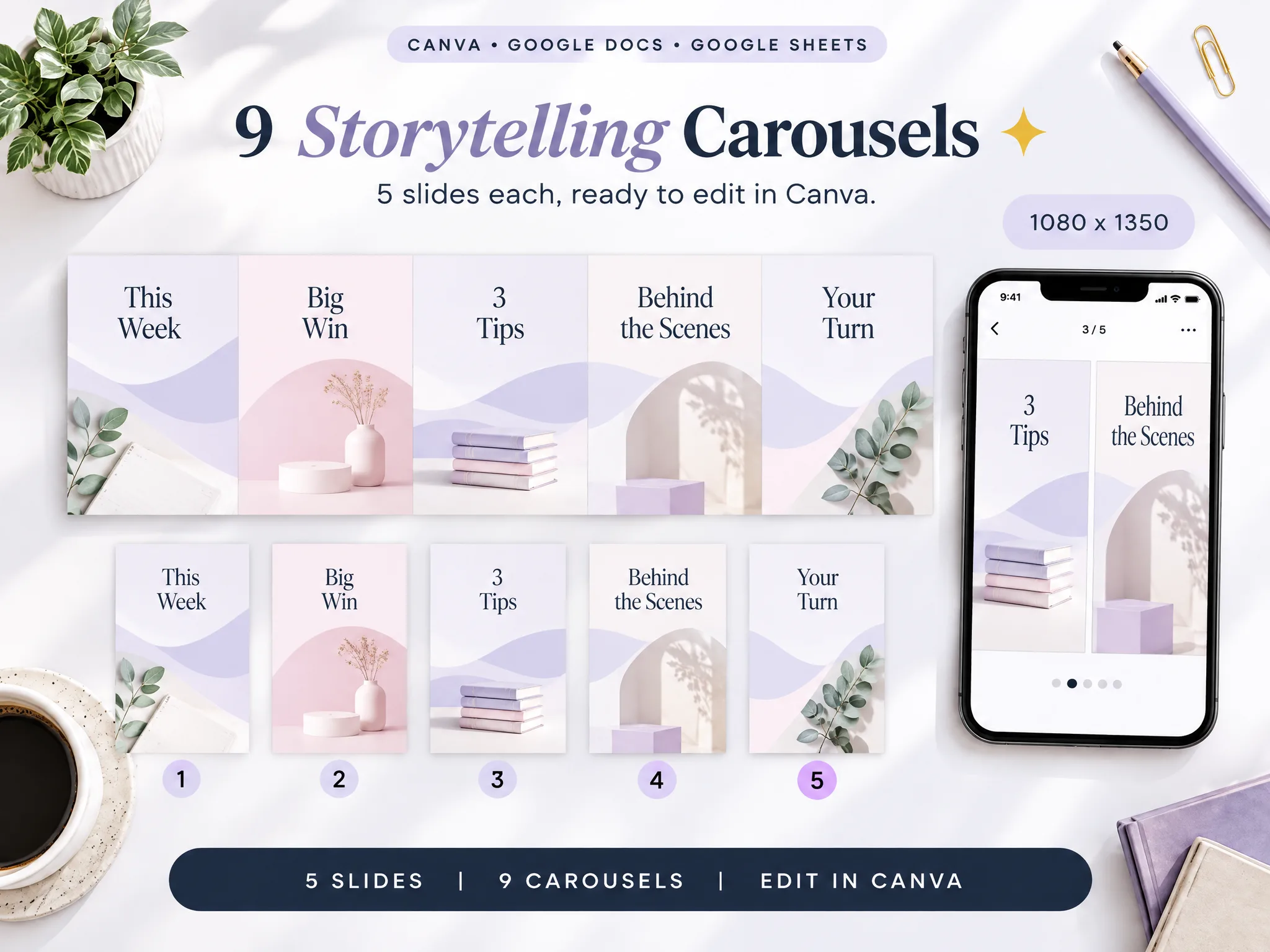 Social Media Manager Kit product preview showing its storytelling carousel templates and five sample slides