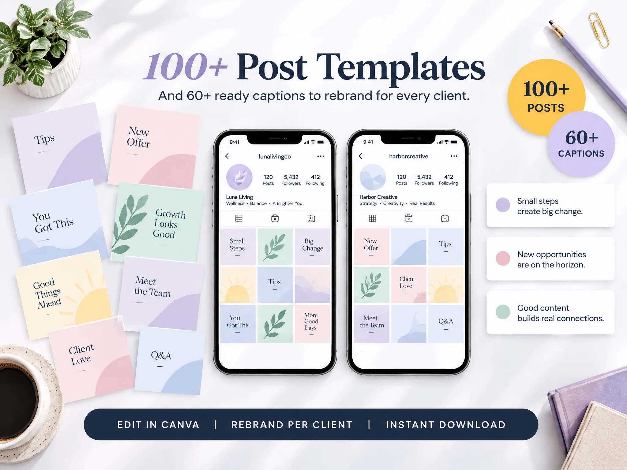 Social Media Manager Kit preview of reusable Canva post templates and captions